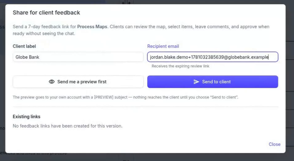 Share for client feedback modal in BA Copilot