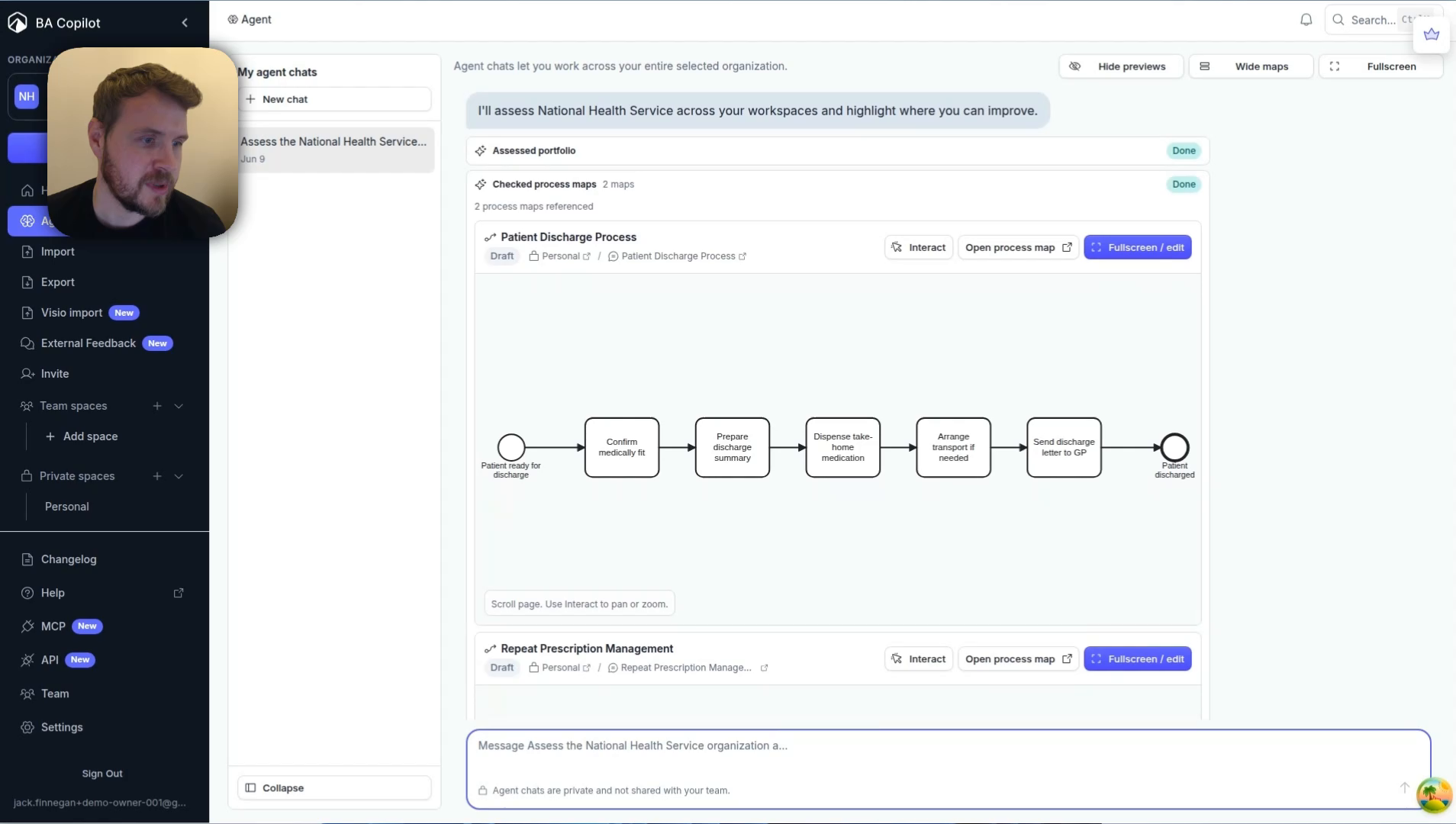 Agent chat reviewing process maps in BA Copilot