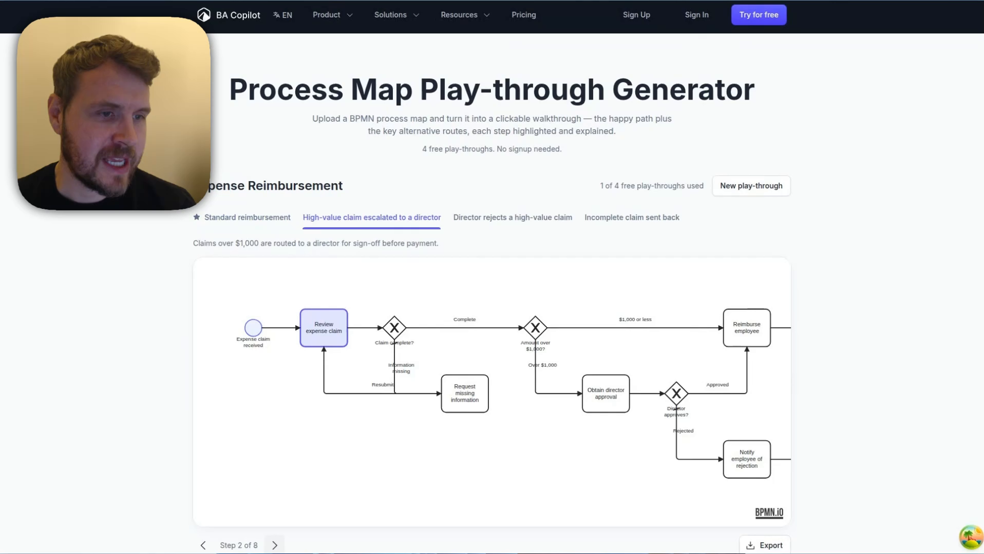 Process Map Play-through Generator showing a highlighted BPMN route
