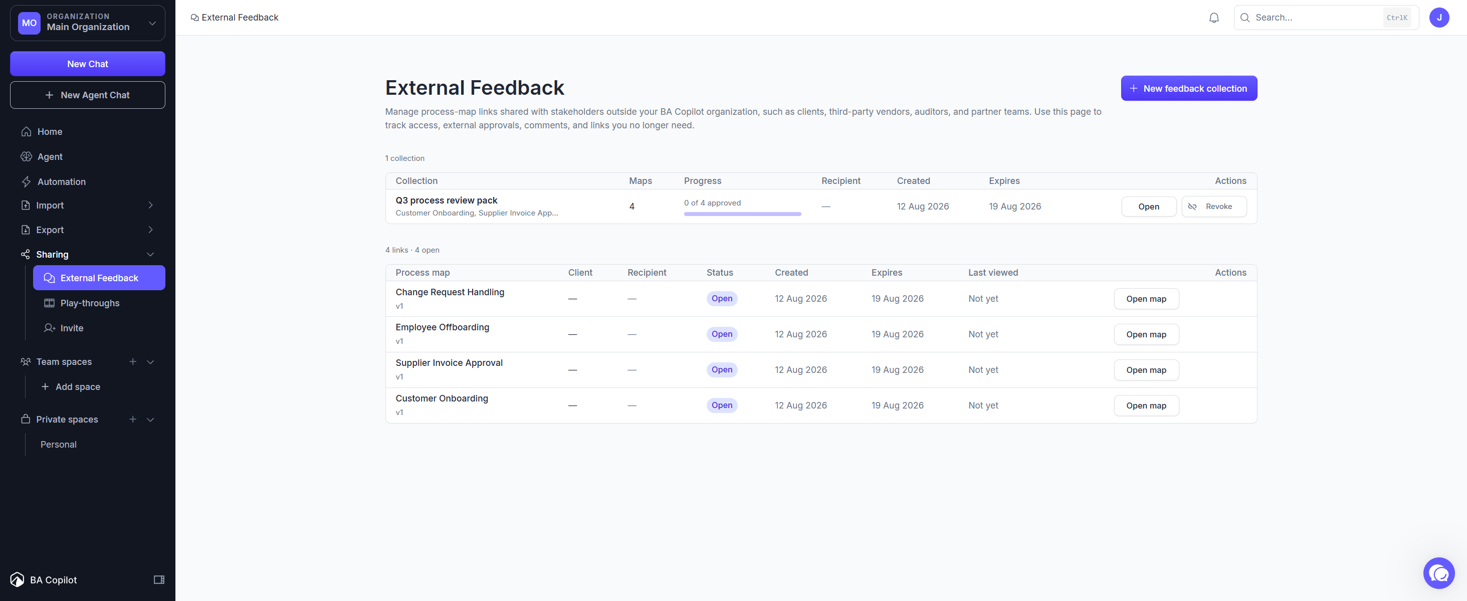 External Feedback page listing collections with review progress and expiry